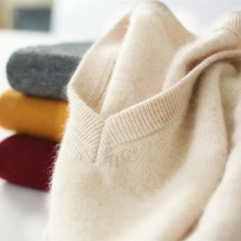 100% Soft Cashmere Cotton Blend Knit Pullover V-Neck Sweater Men's