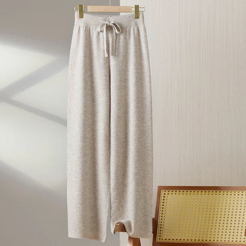Women100%Merino Wool Knitted Wide Leg Pants Autumn Winter Basic Soft Warm Cashmere Knit Trousers Casual Drawstring Style