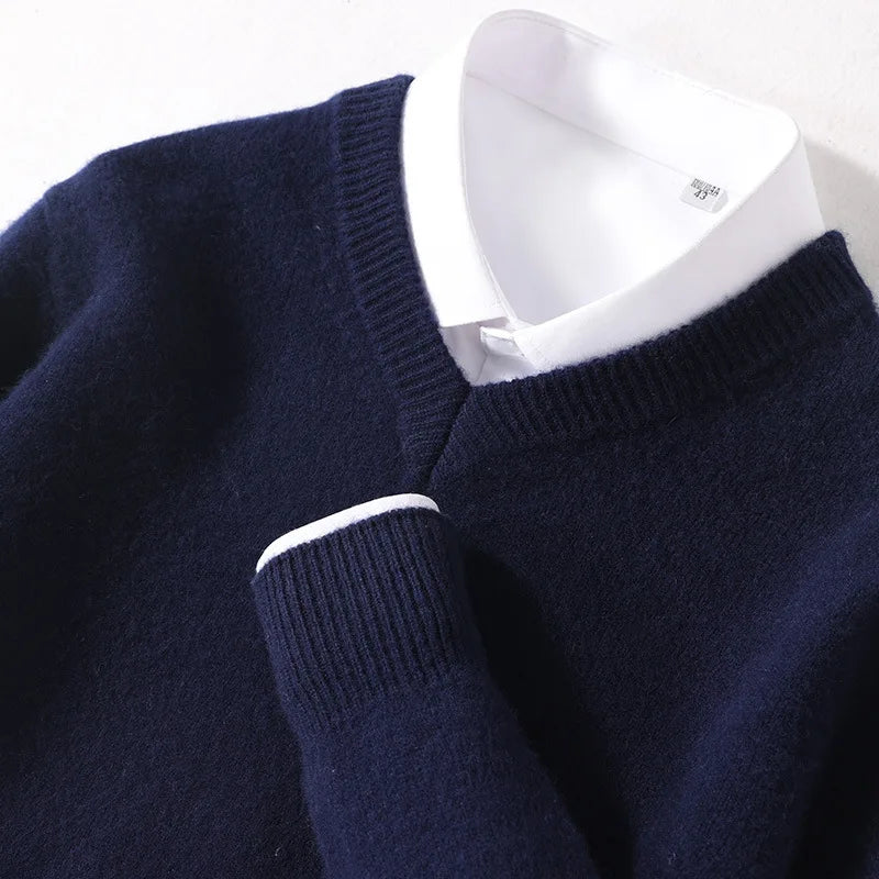 100% Soft Cashmere Cotton Blend Knit Pullover V-Neck Sweater Men's