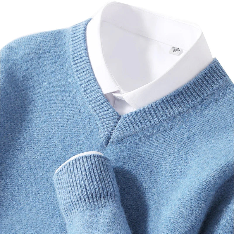 100% Soft Cashmere Cotton Blend Knit Pullover V-Neck Sweater Men's