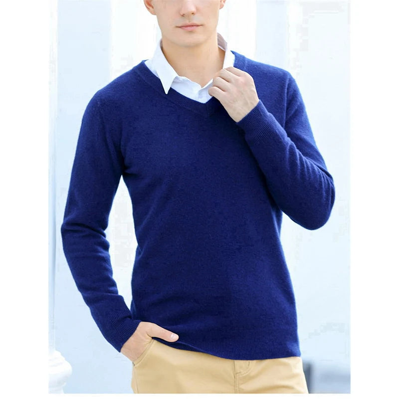 100% Soft Cashmere Cotton Blend Knit Pullover V-Neck Sweater Men's