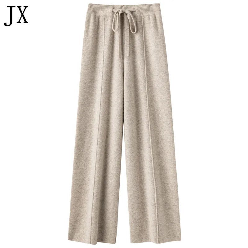 Women100%Merino Wool Knitted Wide Leg Pants Autumn Winter Basic Soft Warm Cashmere Knit Trousers Casual Drawstring Style