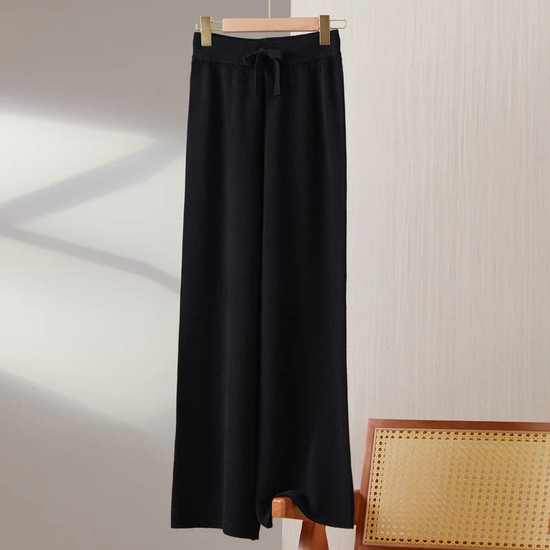 Women100%Merino Wool Knitted Wide Leg Pants Autumn Winter Basic Soft Warm Cashmere Knit Trousers Casual Drawstring Style
