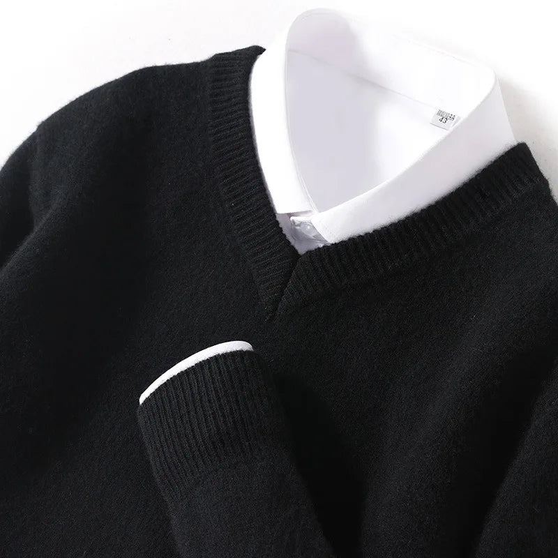 100% Soft Cashmere Cotton Blend Knit Pullover V-Neck Sweater Men's