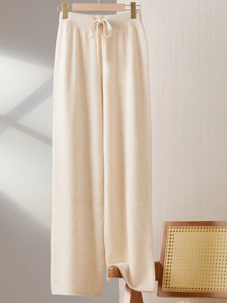 Women100%Merino Wool Knitted Wide Leg Pants Autumn Winter Basic Soft Warm Cashmere Knit Trousers Casual Drawstring Style