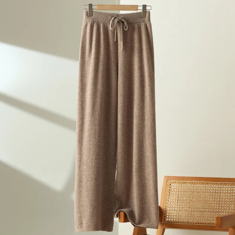 Women100%Merino Wool Knitted Wide Leg Pants Autumn Winter Basic Soft Warm Cashmere Knit Trousers Casual Drawstring Style