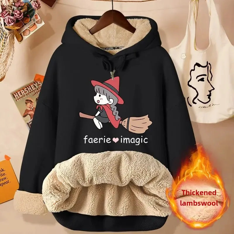 2024 New Women's Fleece-lined Thick Sweatshirt Hooded Winter Top Autumn/winter Thickened Wool Sweater Coat Casual Style