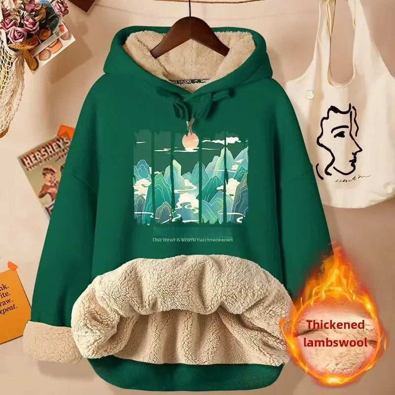 2024 New Women's Fleece-lined Thick Sweatshirt Hooded Winter Top Autumn/winter Thickened Wool Sweater Coat Casual Style
