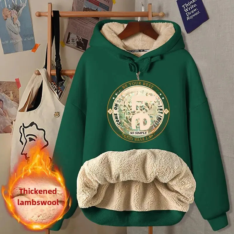 2024 New Women's Fleece-lined Thick Sweatshirt Hooded Winter Top Autumn/winter Thickened Wool Sweater Coat Casual Style