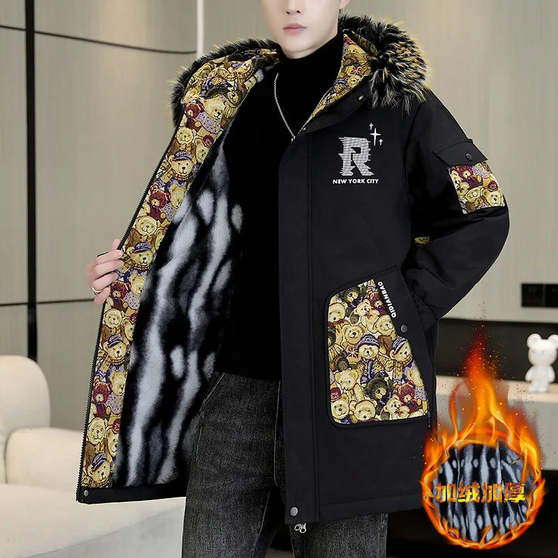 Autumn Winter New Thicken Warm Jacket Men Hooded Parkas Coat Fleece Trendy brand Streetwear ins Wool Liner jacket