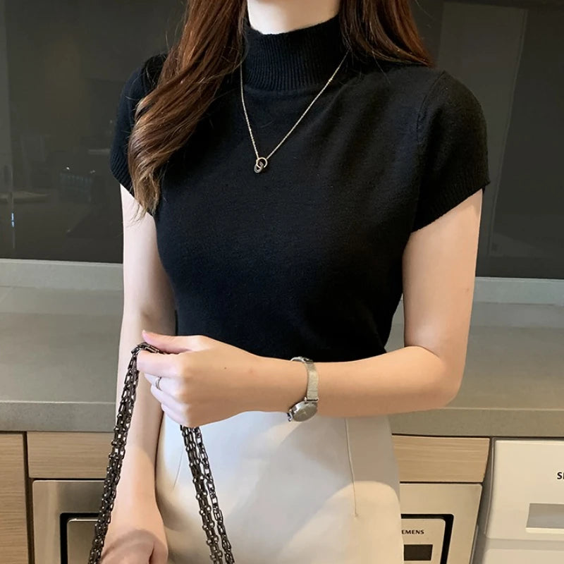 Half-High Neck T-Shirt Women's Fashion Jumper Casual Tops Korean Style Elegant Solid-Coloured Clothing Spring And Summer Season