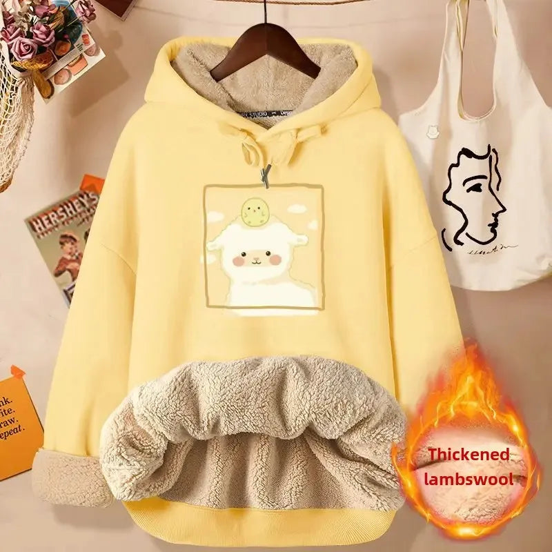 2024 New Women's Fleece-lined Thick Sweatshirt Hooded Winter Top Autumn/winter Thickened Wool Sweater Coat Casual Style