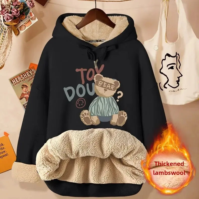 2024 New Women's Fleece-lined Thick Sweatshirt Hooded Winter Top Autumn/winter Thickened Wool Sweater Coat Casual Style