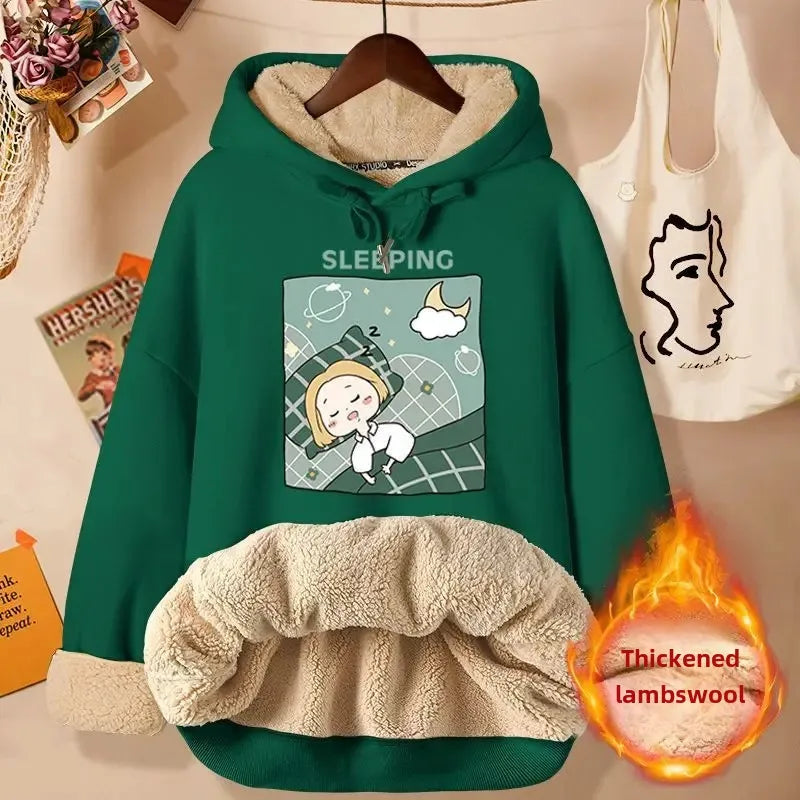 2024 New Women's Fleece-lined Thick Sweatshirt Hooded Winter Top Autumn/winter Thickened Wool Sweater Coat Casual Style