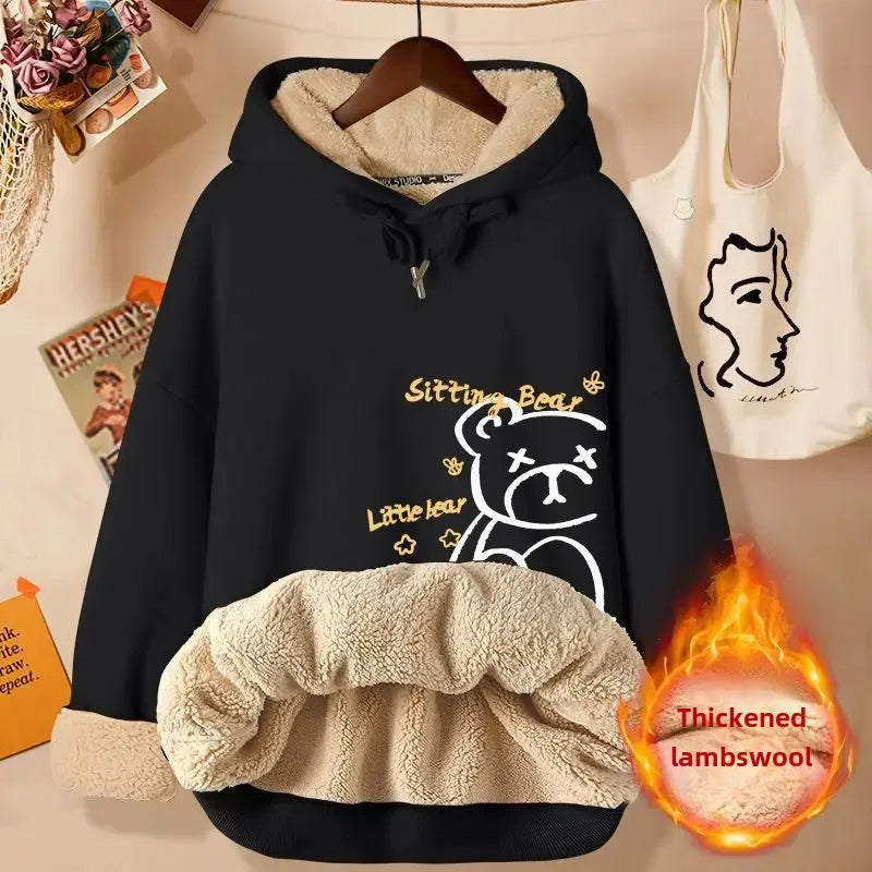 2024 New Women's Fleece-lined Thick Sweatshirt Hooded Winter Top Autumn/winter Thickened Wool Sweater Coat Casual Style