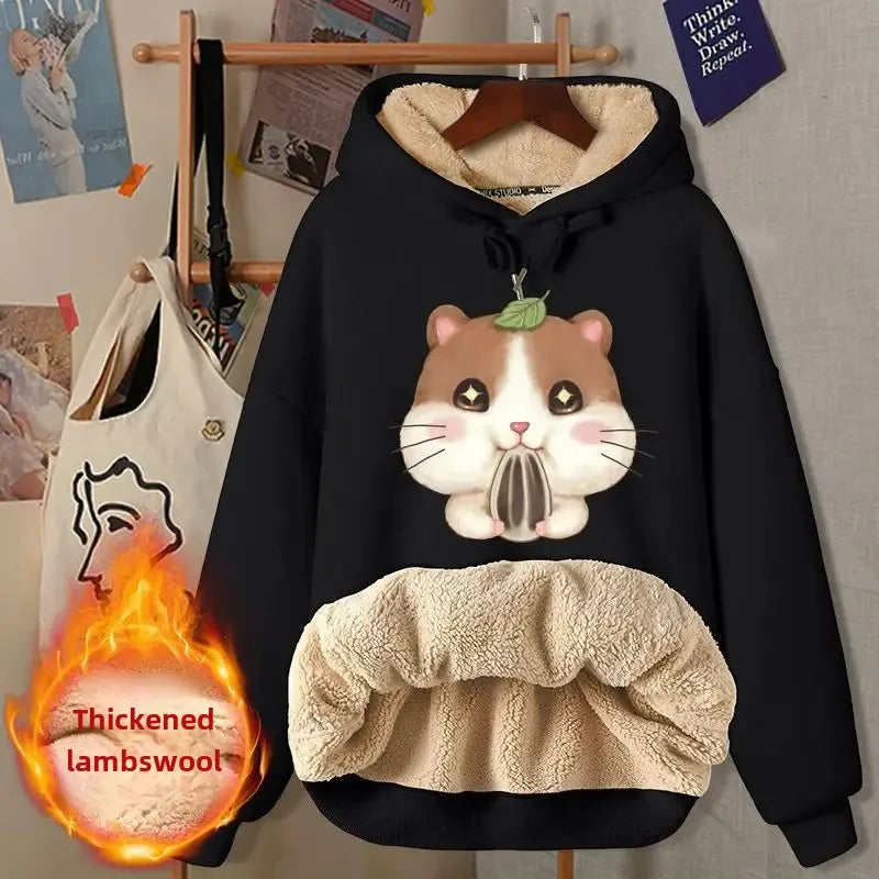 2024 New Women's Fleece-lined Thick Sweatshirt Hooded Winter Top Autumn/winter Thickened Wool Sweater Coat Casual Style