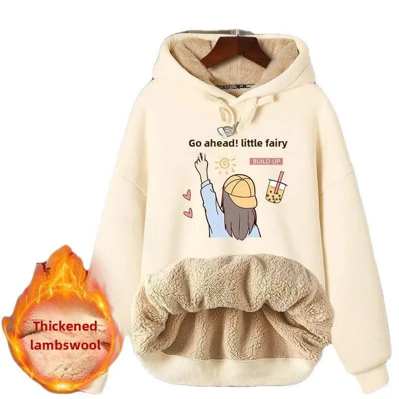 2024 New Women's Fleece-lined Thick Sweatshirt Hooded Winter Top Autumn/winter Thickened Wool Sweater Coat Casual Style