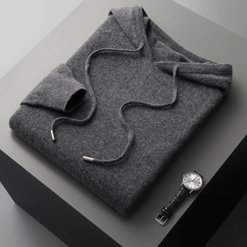MVLYFLRT Autumn Winter New Merino Sweater Men's 100% Wool Hooded Collar Knitted Pullover Casual long Sleeved Hoodie