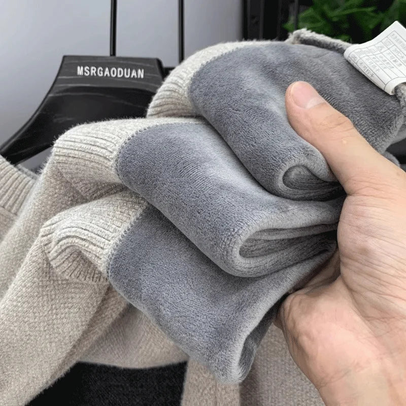 Men's Sweatercoat Autumn Winter O-Neck Knit Letter Plush Fleece Lined Warm Wool Pullover Sweater Men Bottoming Pullovers Jumper