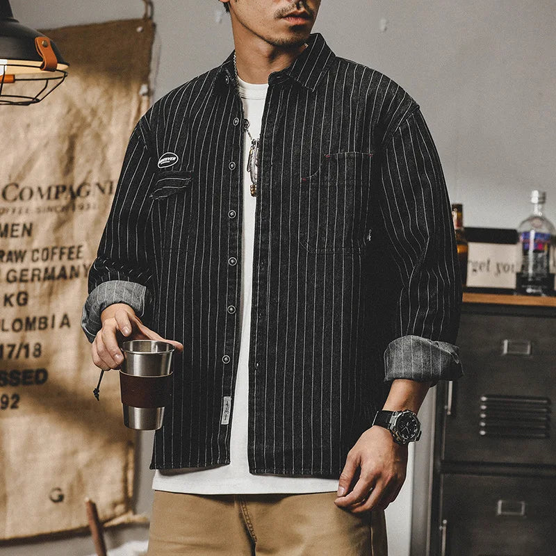 American Style Heavyweight Striped Denim Shirt Men's Long Sleeve Loose Workwear Shirt Spring Autumn Outerwear for Youth