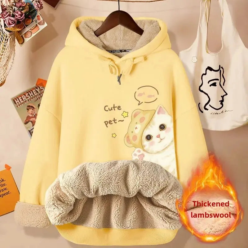 2024 New Women's Fleece-lined Thick Sweatshirt Hooded Winter Top Autumn/winter Thickened Wool Sweater Coat Casual Style