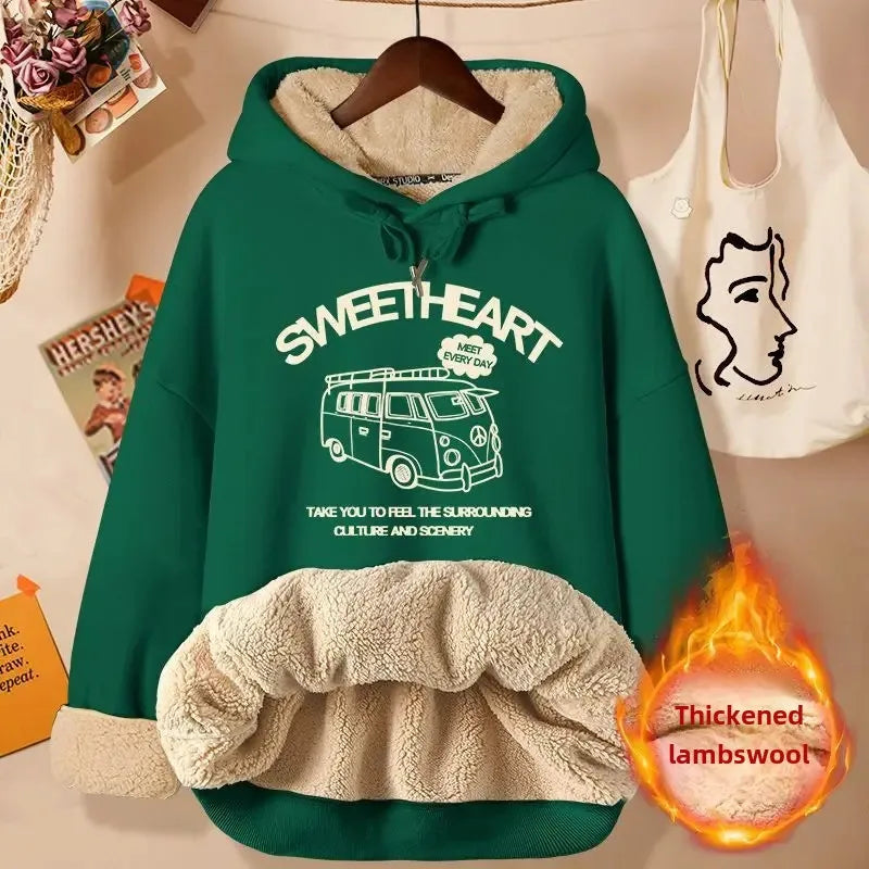 2024 New Women's Fleece-lined Thick Sweatshirt Hooded Winter Top Autumn/winter Thickened Wool Sweater Coat Casual Style
