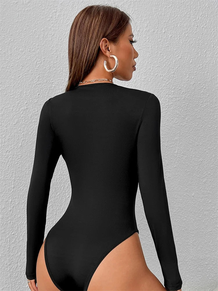 Women Basic Long Sleeve Round Neck Blouse Bodysuit Autumn Winter Casual Solid Color Slim Fit Bodycon Jumpsuit Streetwear