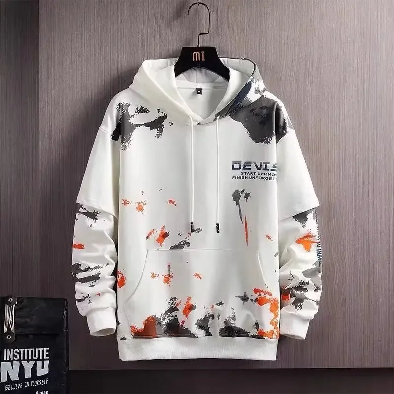 American Style Casual Hooded Sweatshirt For Men Trendy Artistic Fall Winter New Arrival Japanese Style Two-piece Illusion Jacket