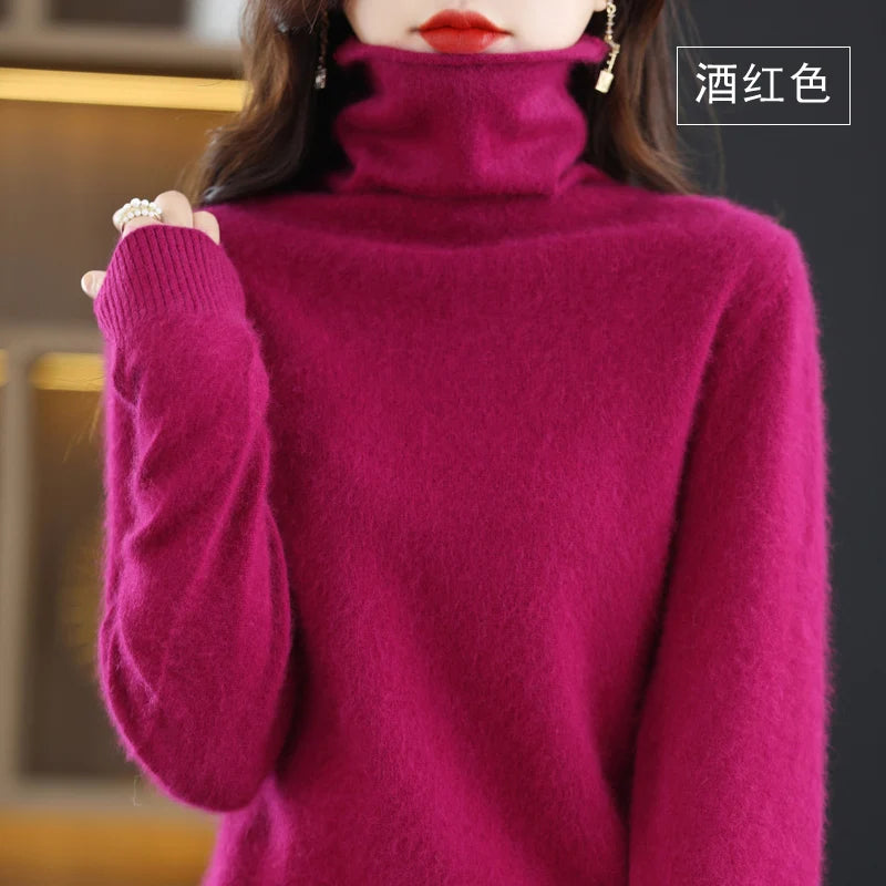 Autumn Winter Women 100% Mink Cashmere Sweater Pile Collar Casual Pullover Qulity Soft Warm Jumpers Solid Color Knitwear Tops