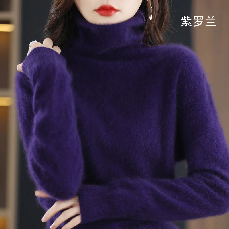 Autumn Winter Women 100% Mink Cashmere Sweater Pile Collar Casual Pullover Qulity Soft Warm Jumpers Solid Color Knitwear Tops