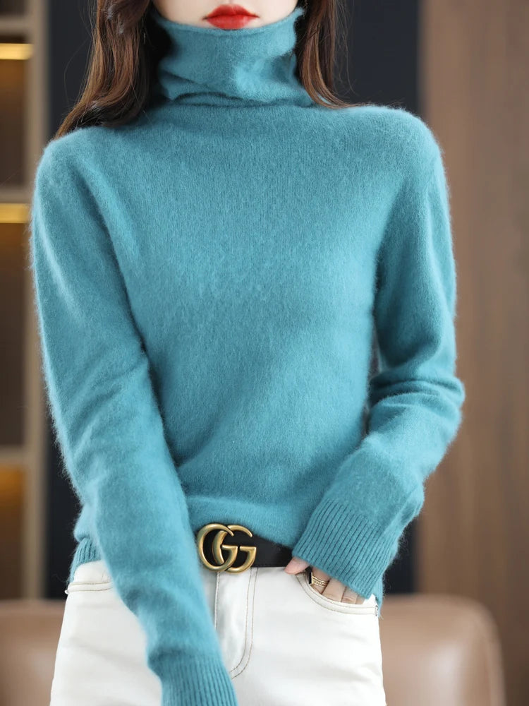 Autumn Winter Women 100% Mink Cashmere Sweater Pile Collar Casual Pullover Qulity Soft Warm Jumpers Solid Color Knitwear Tops