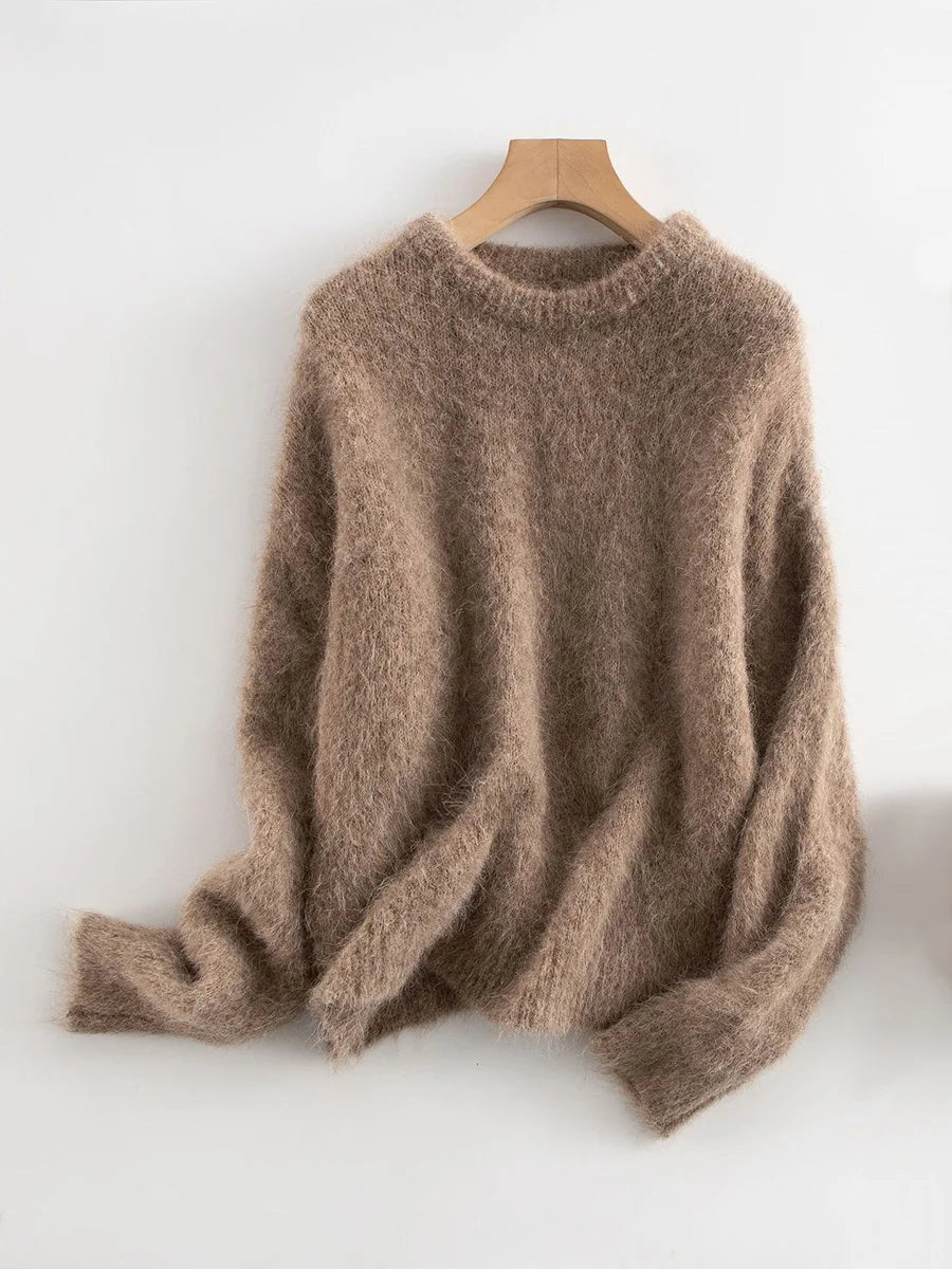 SuyaDream Warm Alpaca Pullovers for Woman, Dropped Sleeved Loose Sweaters, 2025 Fall Winter Top, Camel, Beige