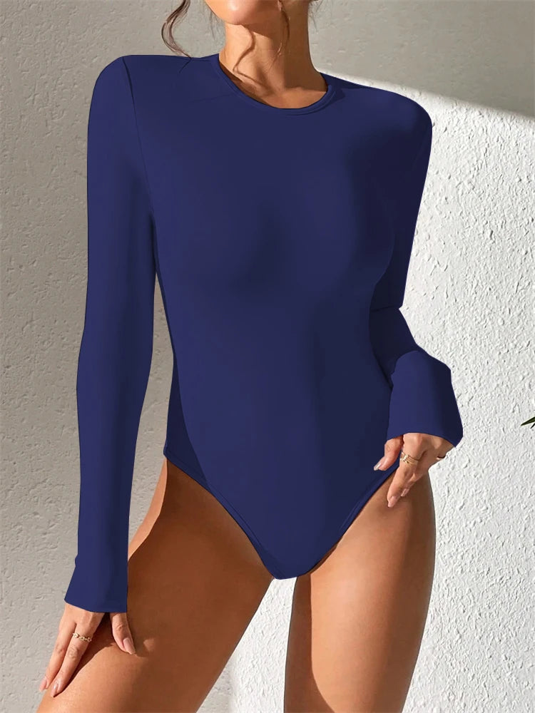 Women Basic Long Sleeve Round Neck Blouse Bodysuit Autumn Winter Casual Solid Color Slim Fit Bodycon Jumpsuit Streetwear