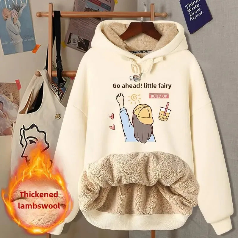 2024 New Women's Fleece-lined Thick Sweatshirt Hooded Winter Top Autumn/winter Thickened Wool Sweater Coat Casual Style