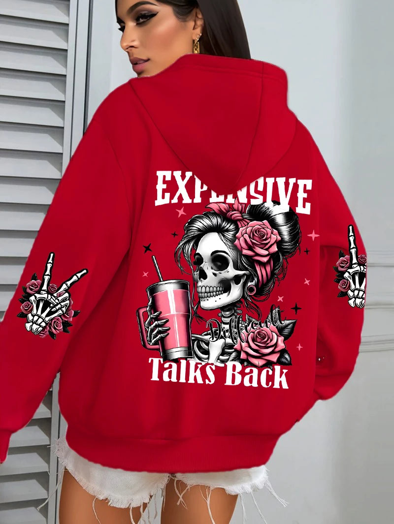 Expensive Talks Back Funny Printing Womens Hoodie Loose Multicolor Pullovers Fleece Autumn Sportswear Casual Pocket Hoody