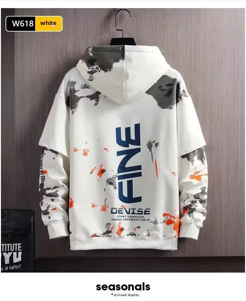 American Style Casual Hooded Sweatshirt For Men Trendy Artistic Fall Winter New Arrival Japanese Style Two-piece Illusion Jacket