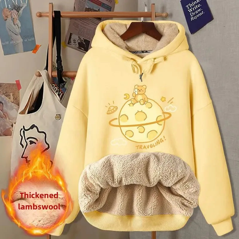 2024 New Women's Fleece-lined Thick Sweatshirt Hooded Winter Top Autumn/winter Thickened Wool Sweater Coat Casual Style