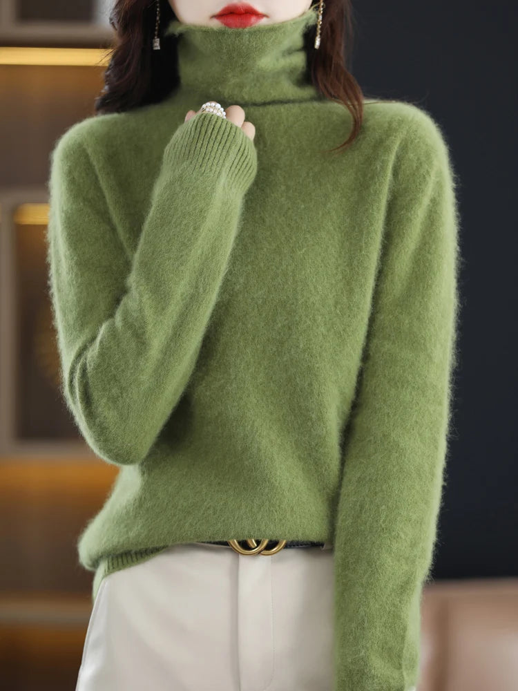 Autumn Winter Women 100% Mink Cashmere Sweater Pile Collar Casual Pullover Qulity Soft Warm Jumpers Solid Color Knitwear Tops