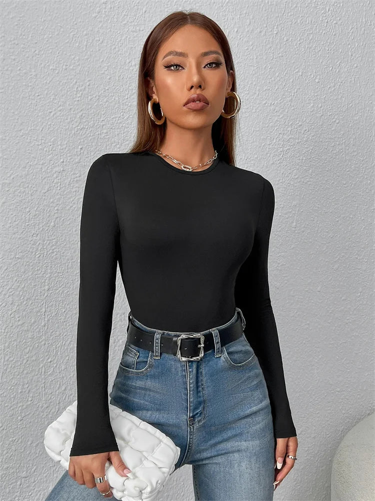 Women Basic Long Sleeve Round Neck Blouse Bodysuit Autumn Winter Casual Solid Color Slim Fit Bodycon Jumpsuit Streetwear