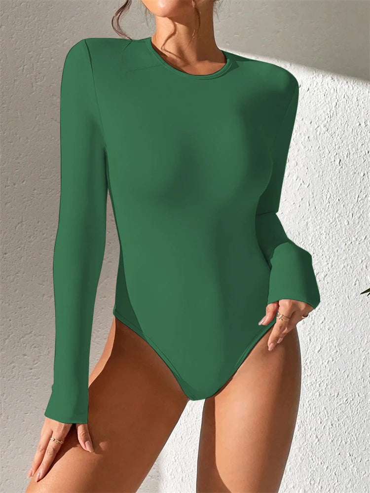 Women Basic Long Sleeve Round Neck Blouse Bodysuit Autumn Winter Casual Solid Color Slim Fit Bodycon Jumpsuit Streetwear