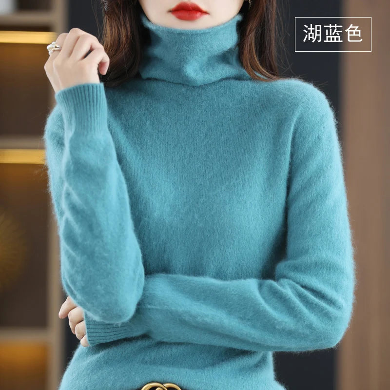 Autumn Winter Women 100% Mink Cashmere Sweater Pile Collar Casual Pullover Qulity Soft Warm Jumpers Solid Color Knitwear Tops