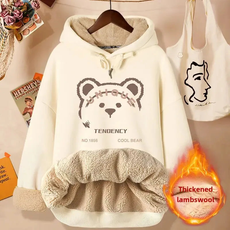 2024 New Women's Fleece-lined Thick Sweatshirt Hooded Winter Top Autumn/winter Thickened Wool Sweater Coat Casual Style