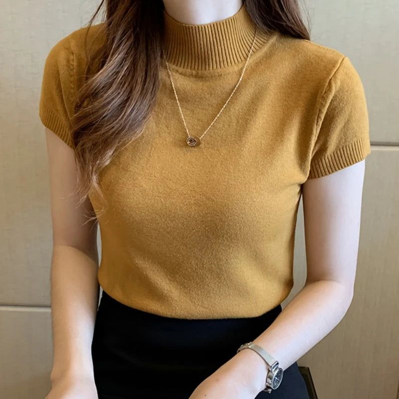Half-High Neck T-Shirt Women's Fashion Jumper Casual Tops Korean Style Elegant Solid-Coloured Clothing Spring And Summer Season