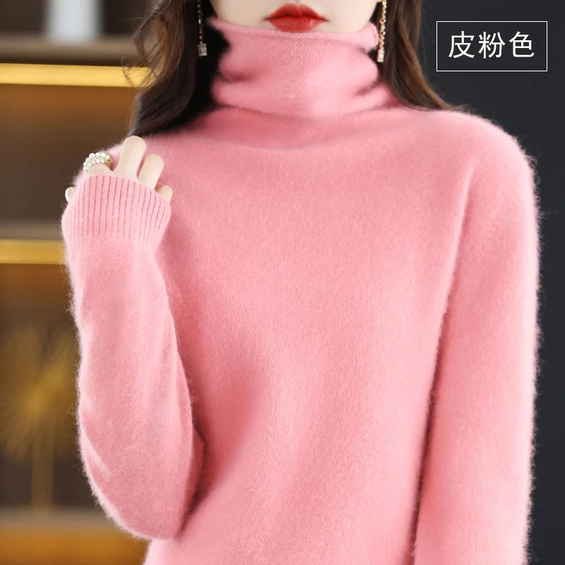 Autumn Winter Women 100% Mink Cashmere Sweater Pile Collar Casual Pullover Qulity Soft Warm Jumpers Solid Color Knitwear Tops