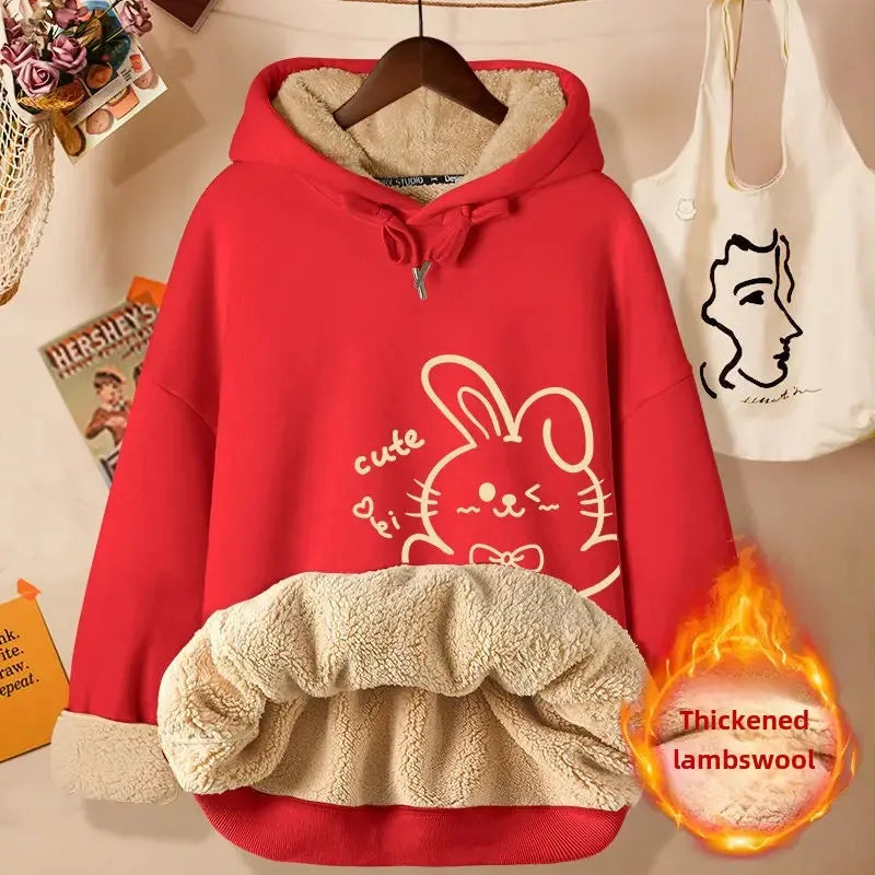 2024 New Women's Fleece-lined Thick Sweatshirt Hooded Winter Top Autumn/winter Thickened Wool Sweater Coat Casual Style