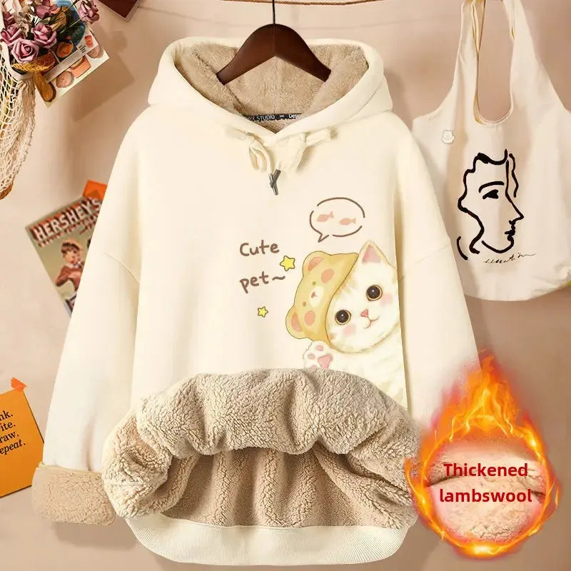 2024 New Women's Fleece-lined Thick Sweatshirt Hooded Winter Top Autumn/winter Thickened Wool Sweater Coat Casual Style