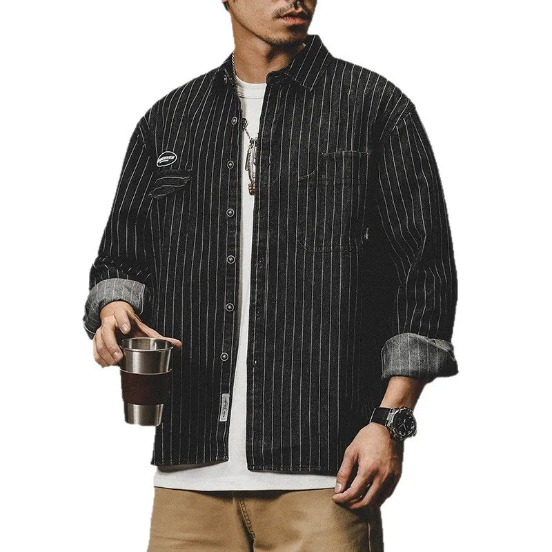 American Style Heavyweight Striped Denim Shirt Men's Long Sleeve Loose Workwear Shirt Spring Autumn Outerwear for Youth