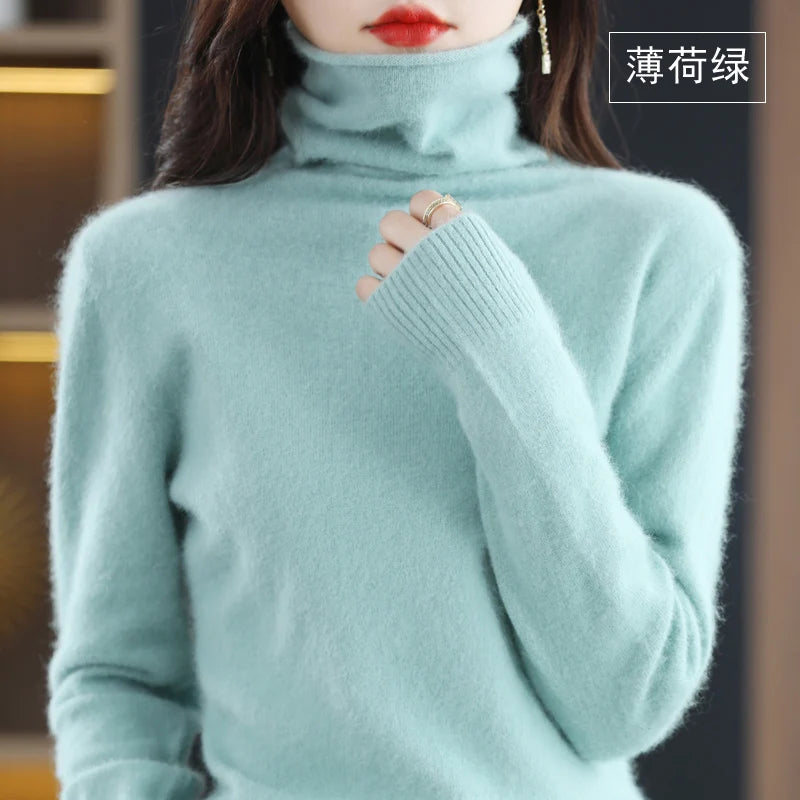 Autumn Winter Women 100% Mink Cashmere Sweater Pile Collar Casual Pullover Qulity Soft Warm Jumpers Solid Color Knitwear Tops