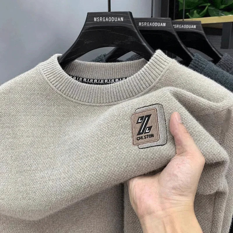 Men's Sweatercoat Autumn Winter O-Neck Knit Letter Plush Fleece Lined Warm Wool Pullover Sweater Men Bottoming Pullovers Jumper