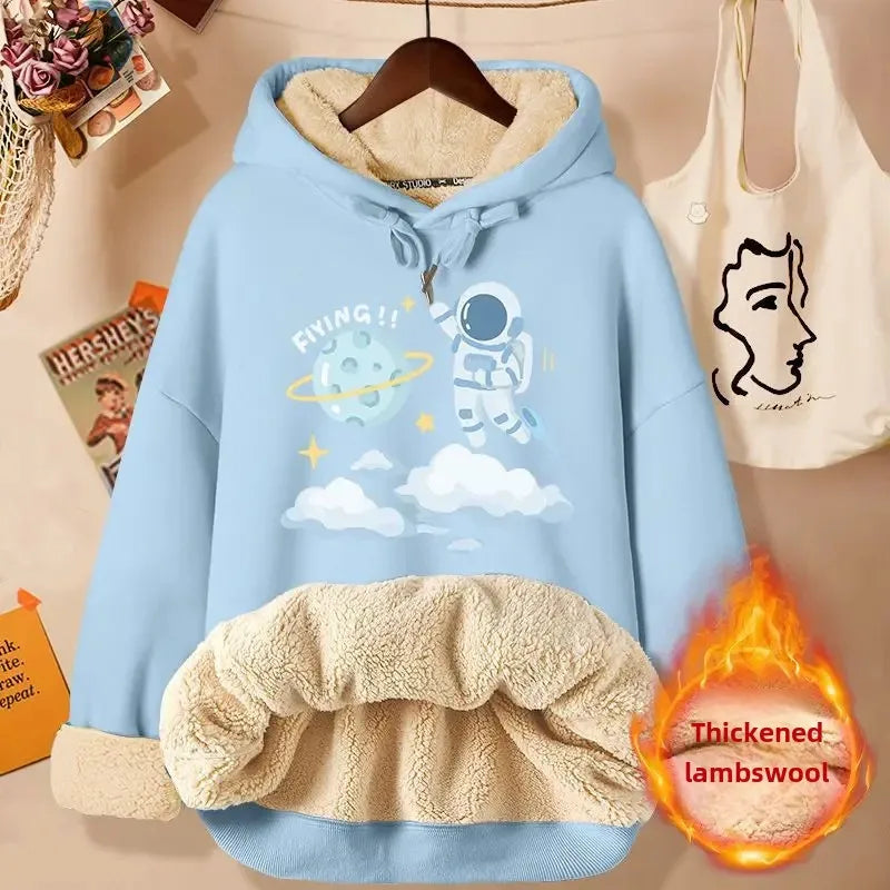 2024 New Women's Fleece-lined Thick Sweatshirt Hooded Winter Top Autumn/winter Thickened Wool Sweater Coat Casual Style